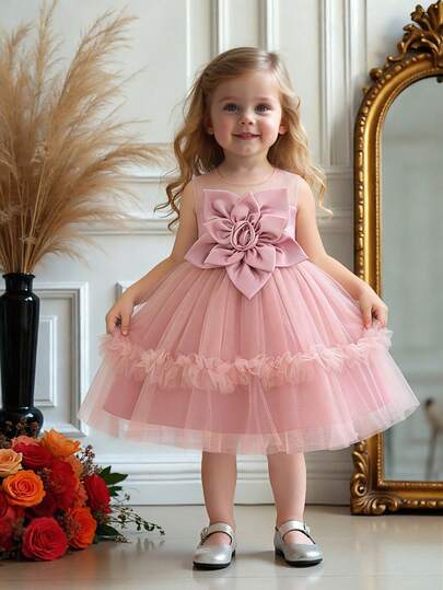 Baby Girls Satin 3D Floral Mesh Cute Flower Girl Wedding Dress Puffy Princess Gown, Suitable For Holidays, Celebrations, Birthday Parties, Does Not Include Headband