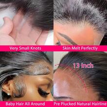 13x4 波浪卷蕾丝前假发，真人发，预先拔毛，高清透明蕾丝前假发，带婴儿发，180% 密度，9A 级无胶巴西原生真人发蕾丝前假发，女士款，自然黑，22 英寸 - Natural Black - 查看 7