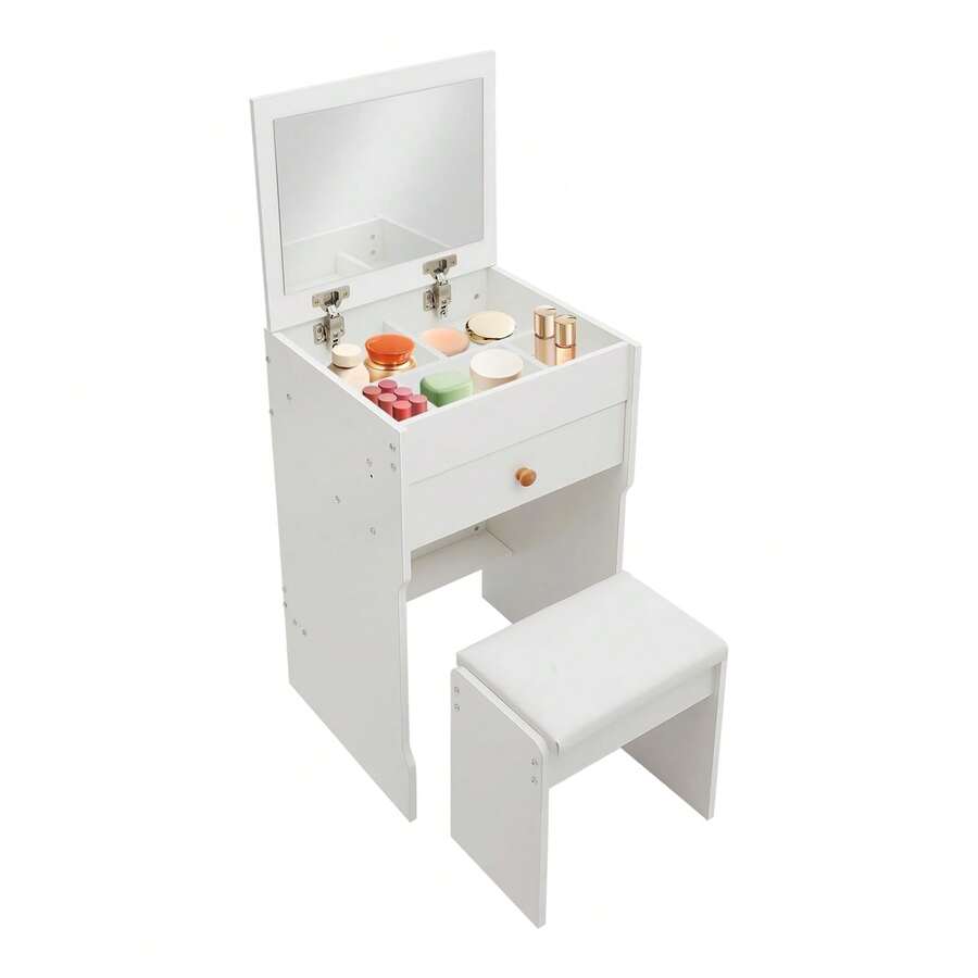 kangten 3-In-1 Vanity Desk With Plip Top Mirror, Makeup Vanity Desk With Storage Compartment And Hidden Cushioned Stool, Multifunctional Dressing Table Makeup Vanity Set For Bedroom (Black Walnut Color) A Nice Gift - 白色 - 查看 1