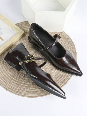 Women's Coffee Brown High Heel Pumps, Chunky Heel, One-Strap Buckle Closure, Pointed Toe, Formal Work Shoes, Mary Jane Shoes
