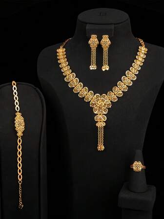 5 piezas Collar largo con forma de estambre de planta hueco, chapado en oro de 18K con oro champán, elegante collar bib con borlas fluidas, estilo romántico francés de Dubai, adecuado para novias, bodas, San Valentín, aniversario, regalo para mujeres