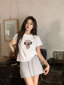 白色短袖休闲猫咪耳机印花T恤，女士夏季款 - 白色 - 查看 10