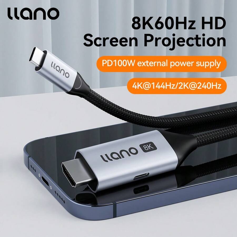 Llano 8K USB C 转 HDMI 2.1 线缆,支持 PD 充电,48Gbps USB Type-C 转 HDMI 编织线(8K@60Hz、4K@144Hz、2K@240Hz) - 黑色 - 查看 1