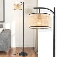 Lámpara de pie rústica con pantalla de ratán, interruptor de pie, luz de pie, casquillo E26, enchufe estadounidense, para dormitorio, sala de estar, oficina, estudio, lectura, 110 V - Tipo de Enchufe A USA (110-127V) - Ver 8