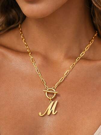 1pc Initial Letter Pendant Necklace, Punk 18K Gold Plated Stainless Steel OT Buckle Chain Necklaces Choker, Y2K Jewelry Birthday Gift Accessories