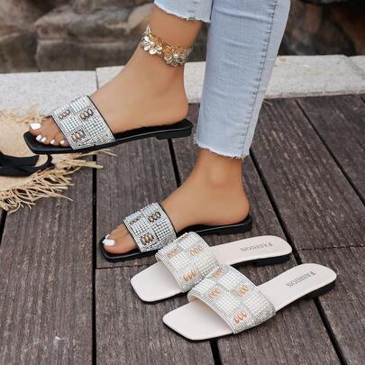 Stylish Pearl Embellished Slide Sandals For Women, Black Base With Rhinestone Trim, Open Toe Versatile Slip-On Slippers For Summer