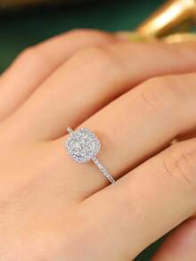 S925 Sterling Silver Geometric Square Ring With Zirconia Stone, Luxury Jewelry Gift For Her - Silver - View 11