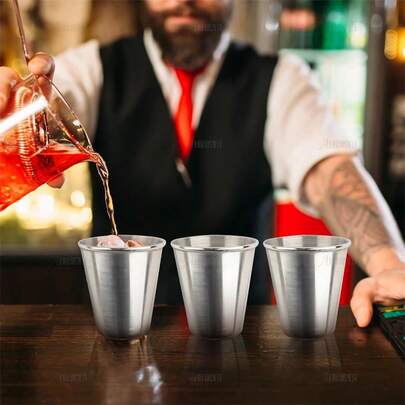 Stainless Steel Liquor Cup, Metal Cup, Drinking Container, Glass Cup, Bar Tools With Leather Carrying Case, Suitable For Home Bar, Party, Restaurant. Comes With PU Leather Cup Sleeve, Cocktail Set
