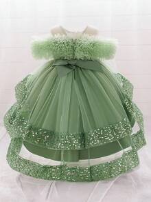 女婴亮片薄纱可爱花童婚礼拖尾礼服，适合派对、生日、外出等场合，不含头饰 - 綠色 - 查看 2