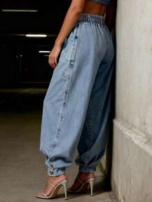 Women Harem Denim Pants Causal High Waist Wide Leg Baggy Solid Color Trousers With Pockets - Màu xanh lam - Xem 2