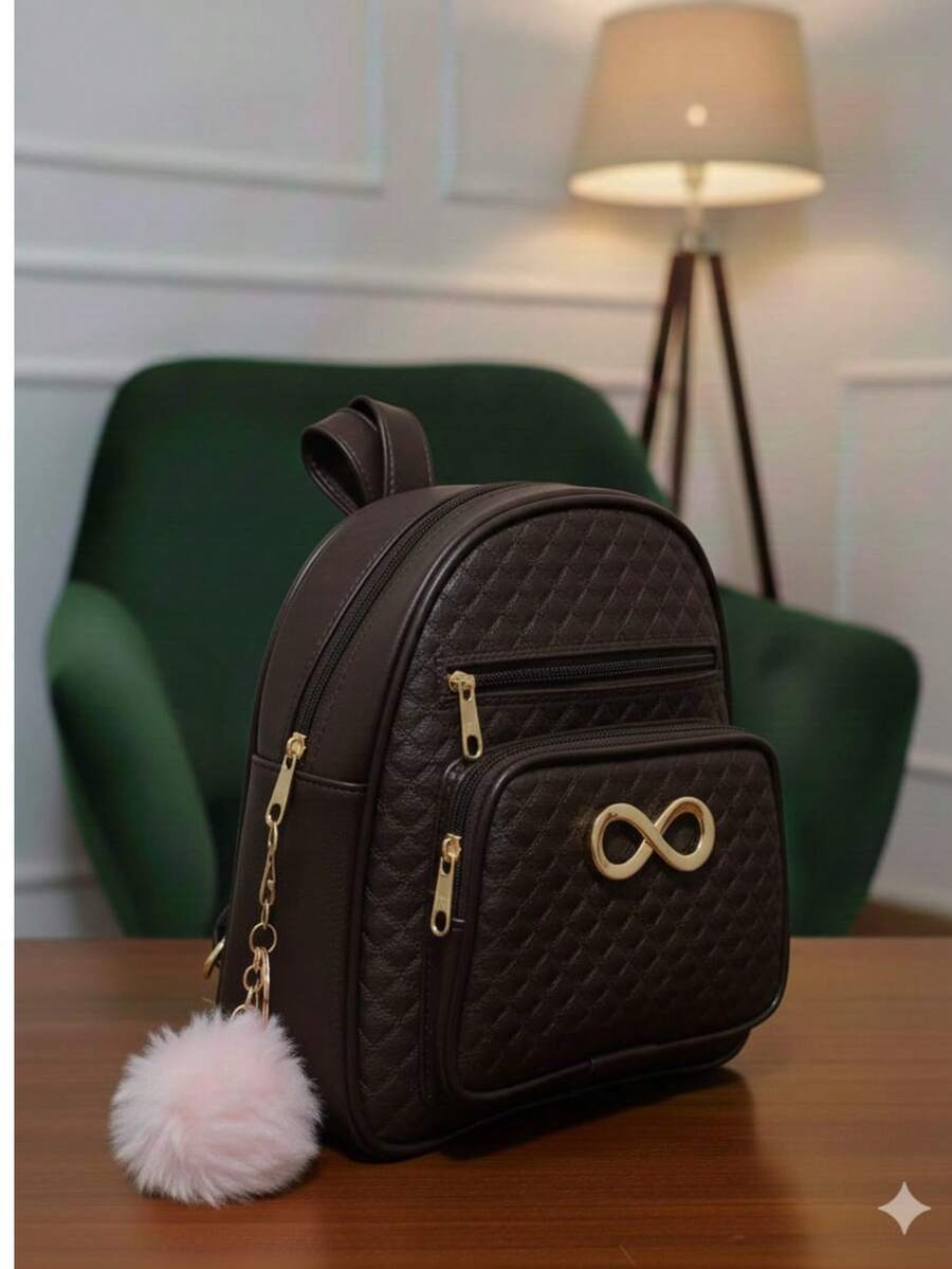 Women's Small Casual Backpack With Pockets + Pompom Keychain. Immediate Delivery. - Rust Brown - View 1