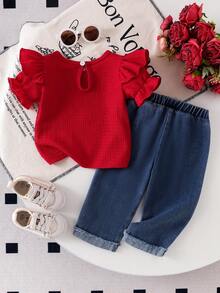 2 件套女婴休闲纯色荷叶边盖袖上衣和蝴蝶刺绣松紧腰牛仔长裤套装 - 酒紅色 - 查看 2