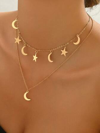 1pc New Creative Middle Eastern Star & Moon Minimalist Double Layer Pendant Necklace, Elegant Choker