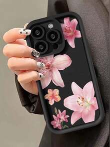 1pc Minimalist Pink Lily Flower Pattern Shockproof TPU Phone Case, Compatible With IPhone 16 Pro Max/15 Plus/14/13/12/11/8P/XS Max And Galaxy S24 Ultra/S23 FE/S22/S21/S20/A52S/A15/A03 - 黑色 - 查看 6