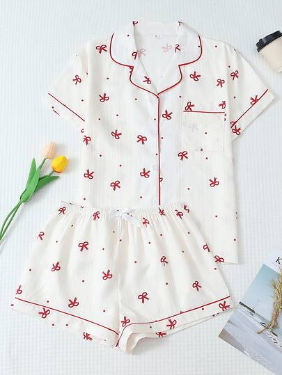 【优雅田园】2件套舒适迷你波点蝴蝶结印花翻领短袖上衣和蝴蝶结短裤女士睡衣套装，家居服