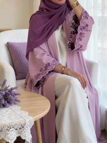 1 chiếc Abaya thêu sang trọng màu tím, kiểu dáng thời trang thường ngày, dáng dài mở phía trước, thích hợp cho các bữa tiệc, sự kiện, kỳ nghỉ. - Màu tím - Xem 8