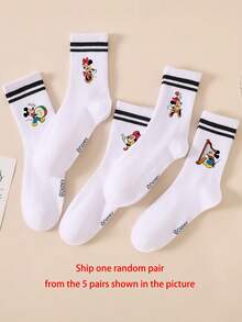 1 Pair/5 Pairs/10 Pairs Women's Mid-Calf Socks - Disney Mickey Pattern, Couple Mid-Calf Socks, Two-Stripe Sports Mid-Calf Socks, Versatile Style, Suitable For Daily Wear And As Holiday Gifts - Multicolor - View 11