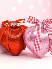 1个心形闪光装饰球，情人节、圣诞节、生日派对、节日、礼物等场合的装饰挂件，红色/粉色带蝴蝶结，10厘米/8厘米