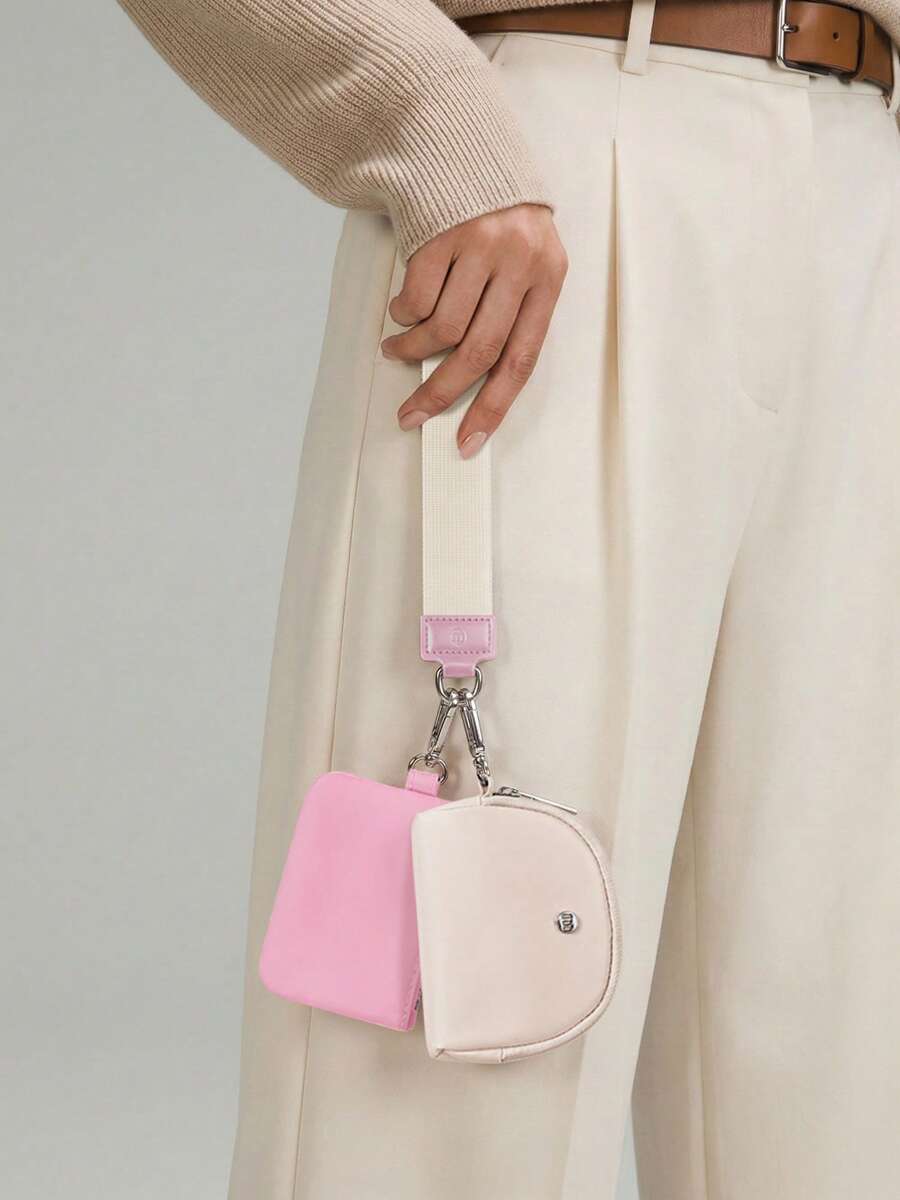 Dual Pouch Wristlet Wallet Fashion Keychain Wristlet Bag Cards For Women Men, Cash & Coins, Detachable Keychain & Card Holder, Stylish & Portable For Everyday & Sports Use Travel Wallet Coin Wallet Christmas Gifts, Holiday Gifts - 粉紅白色 - 查看 1