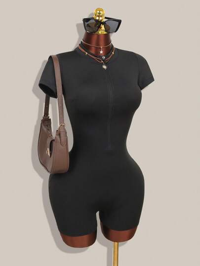 Women's Black Solid Color Zip-Front Short Sleeve Slim Jumpsuit ,Casual Outdoor Fitted Jumpsuit, Spring And Summer, Women's Clothing
