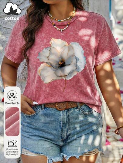 Plus Size Women's Spring, Summer, And Autumn Wildflower Print Round Neck Short-Sleeved Simple Casual Everyday Washed T-Shirt Top; Bohemian Style Floral Print Women's Outerwear Top; Blooming Blue Floral Print Women's 2026 Summer Soft And Comfortable Fabric Short-Sleeved Clothing.