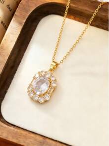 1 pieza Collar con colgante de circonita cúbica geométrica, diseño clásico y retro lujoso, accesorio de moda recomendado para fiestas y festivales (empaquetado en bolsa OPP) - Amarillo Oro - Ver 4