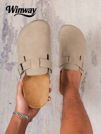 Men's Mule Shoes New Spring Vintage Slip-On Shoes Casual Slouchy Shoes, Closed Toe Flat Mules With Adjustable Strap, Available In Non-Fleece All Season And Thermal Lined Warm Autumn/Winter Versions