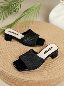 Hàng mới về, sandal cao gót thời trang casual mùa hè, chất liệu vải dệt kim màu đen, thiết kế hở ngón, mũi vuông, gót dày, thoáng khí - màu đen - Xem 4