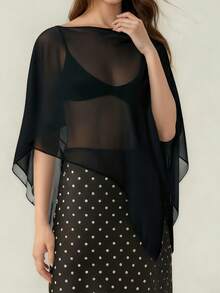 Sheer Mesh Poncho For Maternity Women Loose Solid Boat Neck Irregular Coverup Tops Casual See Through Shrug - 黑色 - 查看 1