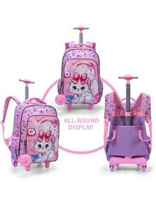 BLING BABIES 3PCS Set Rolling Backpack For Girls, Cute Cartoon Cat Sequin Design Wheeled Bags With Lunch Box And Pen Bag Glow-In-The-Dark Function Pink