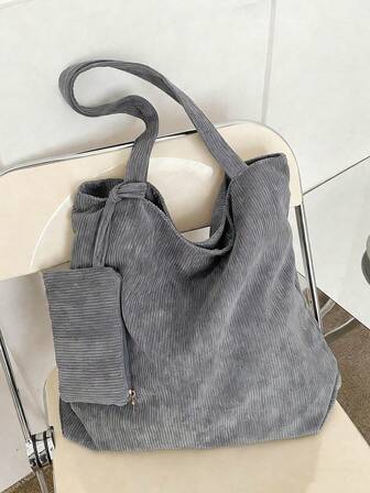 Solid Color Two Pieces Set With Coin Purse, High-End And Large Capacity, Commuting Tote Bag, Striped Bag, Makeup Bag, Storage Bag, Tote Bag, Shopping Bag, Suitable For Travel, Commuting, School, Giving To Family, Friends, Relatives, Colleagues, Classmates, Bridesmaids, New Year, Ramadan, Valentine's Day, Wedding Season, Best Gift