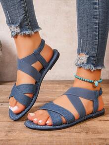Women's Wide Fit Criss-Cross Strap Flat Sandals, Fashion Minimalist Casual Sandals, Elegant Lightweight Luxury Fairy Style Outdoor Beach Flat Sandals - Blue - View 5