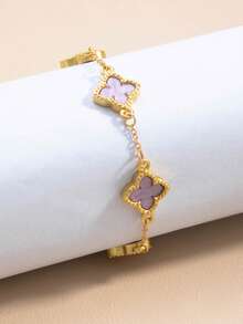 1pc Hollow 4-Leaf Clover Bracelet, Sweet & Cute Design, Suitable For Girls (No Gift Box) - Purple - View 2