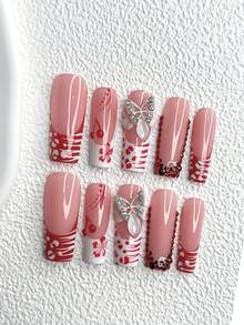 10pcs Romantic French Press-On Nail Stickers, Gel Manicure Set, Red & White Mixed Wave Accents, Hand-Painted 3D Red Cherry, 5-Petal Red Floral Print Nail Decor, Asymmetrical Red Circle Diamond Edge Design, 5-Petal White Sculptural Flower With Silver Glitter Butterfly Nail Accessories Nails Nail Supplies - 彩色 - 查看 13