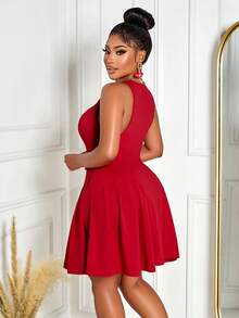 Vestido mini plisado con botones en la cintura, de tela elástica, en unicolor, para mujer de talla grande. Adecuado para primavera, verano, otoño e invierno. Elegante, juvenil y versátil, apropiado para compras diarias, festivales y uso diario. - Rojo - Ver 2