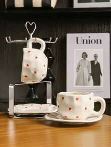 1pc High-Quality Handpainted Heart Coffee Cup & Saucer Set, Ceramic Material, Suitable For Gifts, Water Cup, Coffee Cup, Milk Cup, Tea Cup - Multicolor - View 5