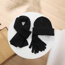 3pcs Solid Color Minimalist Dopamine Color Series Winter Warm Set, Hat + Scarf + Gloves Combo, Unisex Outdoor Casual Suit, Thoughtful Gift For Valentine's Day Vacation Outfits - Solid Color Three-piece Set - View 11