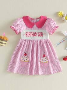 Vestido de primavera y verano para niñas pequeñas, con estampado de cupcakes, bordado, de manga corta y cuello de muñeca, corte en A, fruncido, ideal para uso diario y de ocio, de 12 meses a 5 años. - Rosa - Ver 1
