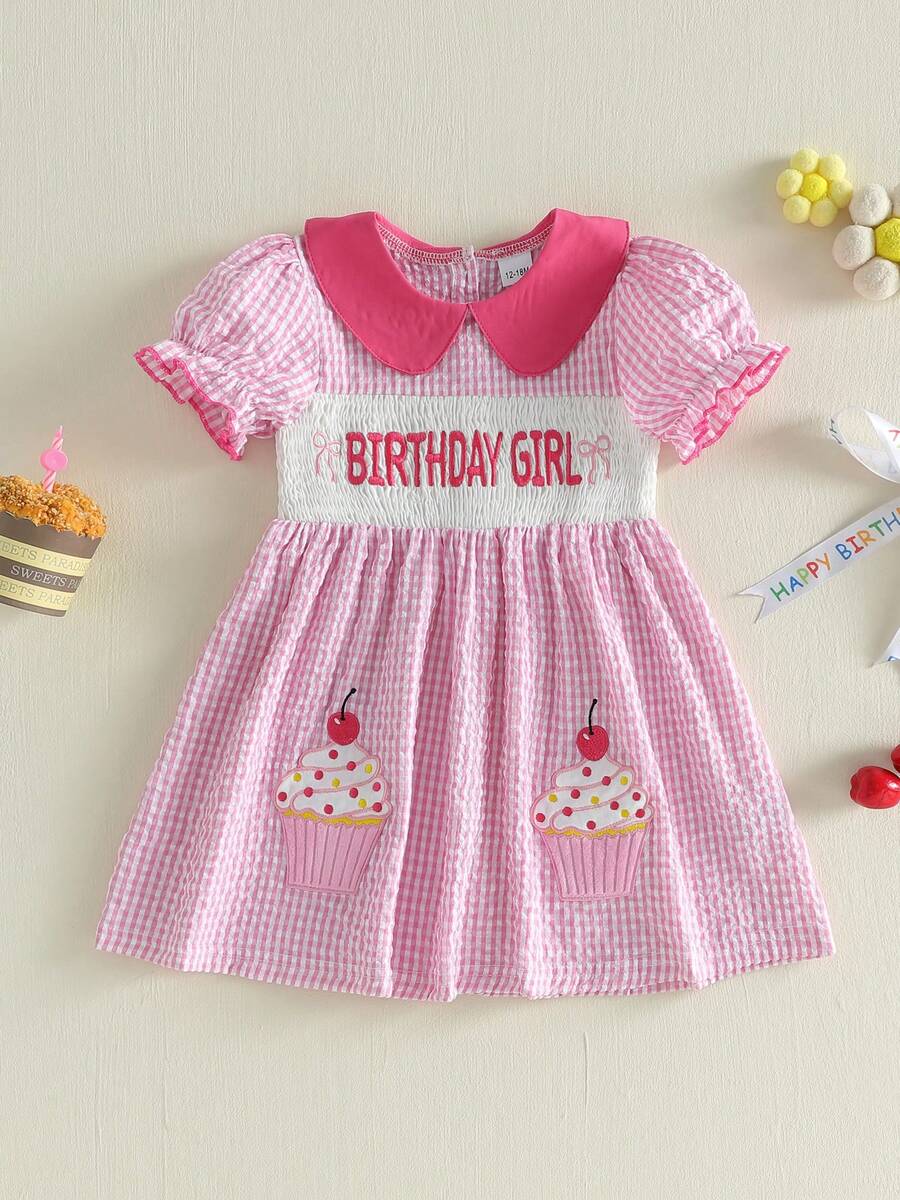 Vestido de primavera y verano para niñas pequeñas, con estampado de cupcakes, bordado, de manga corta y cuello de muñeca, corte en A, fruncido, ideal para uso diario y de ocio, de 12 meses a 5 años. - Rosa - Ver 1