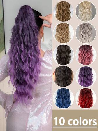 爪形马尾假发片，黑色、棕色渐变、红色渐变、紫色渐变、粉色渐变、蓝色渐变、棕色多色可选，24英寸水波纹耐热纤维合成马尾假发，适合女性圣诞节、万圣节派对及日常佩戴。