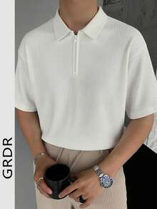 GRDR Minimalist Solid Color Short Sleeve Zip-Up Polo Shirt, Casual Men's Top - White - View 1