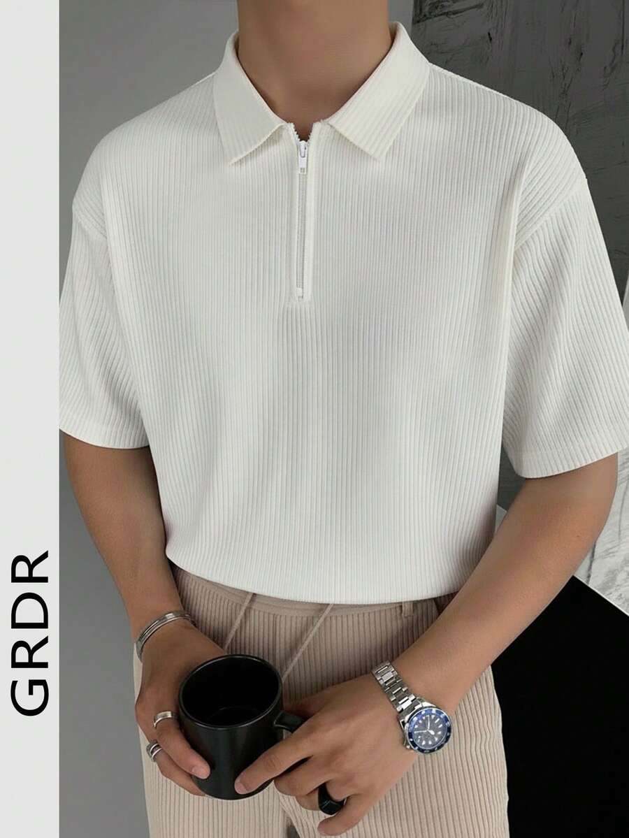 GRDR Minimalist Solid Color Short Sleeve Zip-Up Polo Shirt, Casual Men's Top - White - View 1