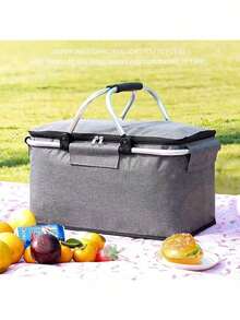 1pc Collapsible Picnic Basket, Grocery Basket, Collapsible Grocery Basket, Large Insulated Basket With Two Handles, Waterproof Lining, For Beach, Camping, Groceries