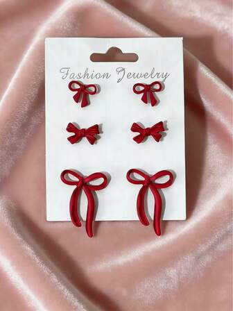 6pcs/Set Classic French Elegant Colorful Bow Stud Earrings Set, Suitable For Holidays Gift And Daily Wear For Women