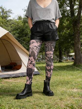 1 par de pantimedia con estampado floral para mujer, primavera/otoño