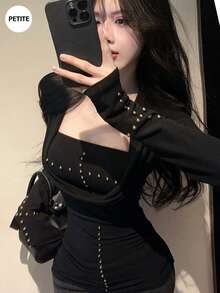 2pcs/Set Sexy Low Neck Long Sleeve Slim Fit Studded Crop Top - Black - View 1