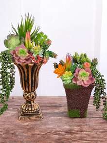 6pcs Artificial Succulent Plants Set, Fake Succulent Micro Landscape, Retro Potted Plants Decor, Artificial Succulent Potted Plants, Rectangular Wooden Planter, Desktop Ornament, Window Sill Greenery Decor - Multicolor - View 5