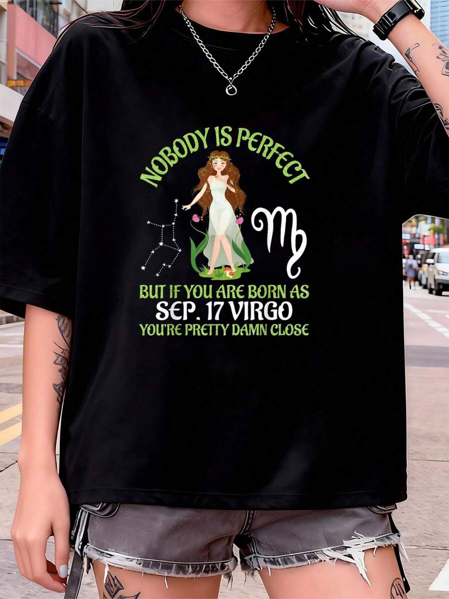 Nobody's Perfect, You Were Born A Virgo On September 17th, Cute T-Shirt, Graphic Tees For Women, Outdoor Workout Crop Tops, Summer Outfits For Women, Summer Tops, RGSJ T-Shirt - 黑色 - 查看 1
