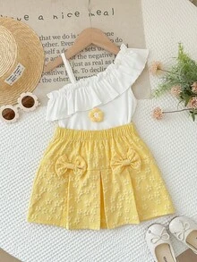 Girls Summer White & Yellow 2-Piece Set: Ruffle Trim Asymmetric Shoulder Floral Top + Bowknot Jacquard Skirt, Sweet Princess Style Children Casual Outfit - Yellow - View 7