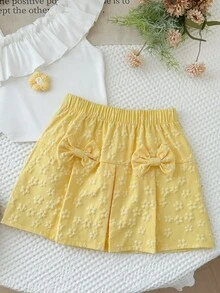 Girls Summer White & Yellow 2-Piece Set: Ruffle Trim Asymmetric Shoulder Floral Top + Bowknot Jacquard Skirt, Sweet Princess Style Children Casual Outfit - Yellow - View 10